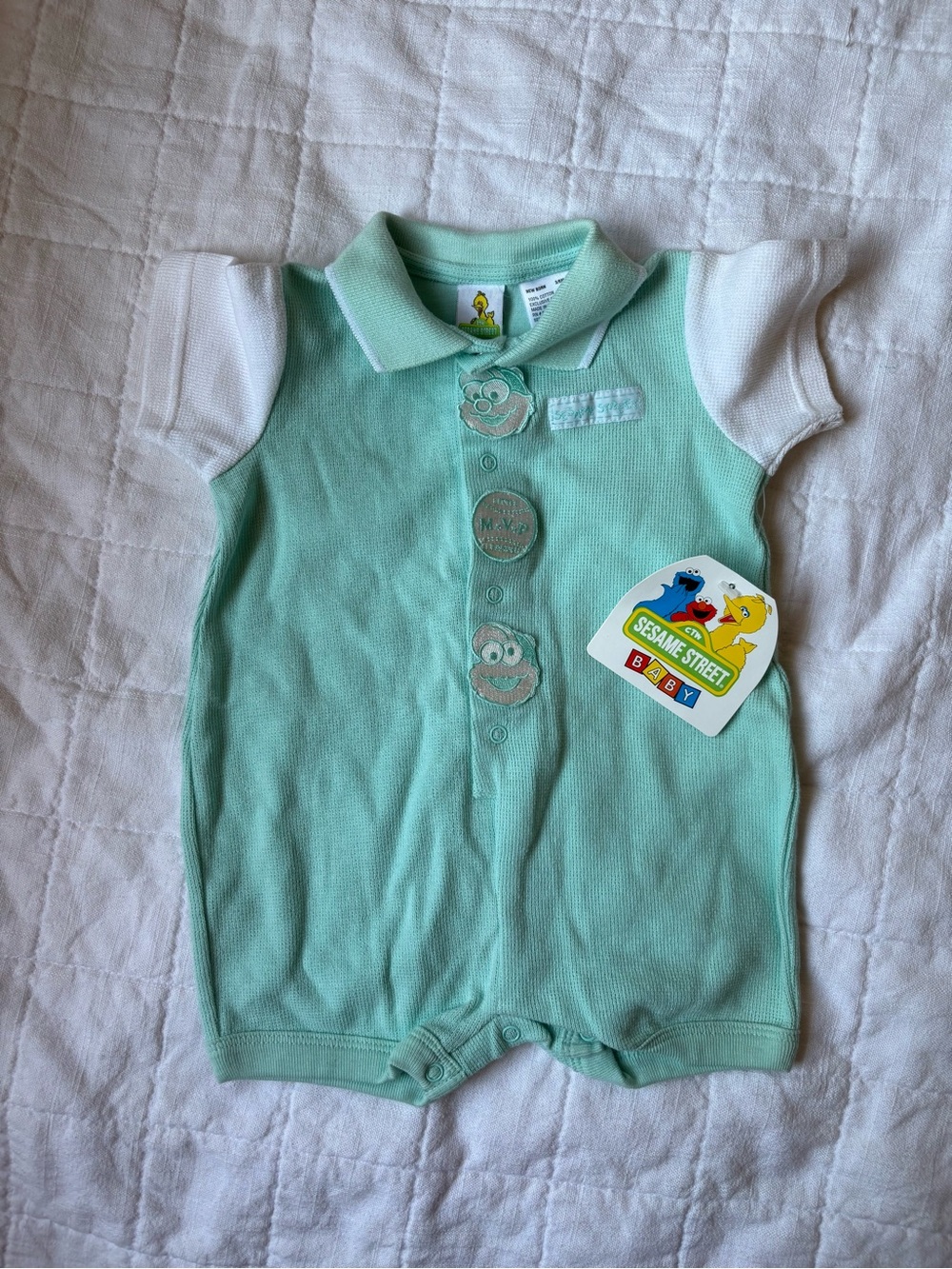 NEW Sesame Street Vintage Baby Boy Mint Green Polo Short Romper 6/9 months